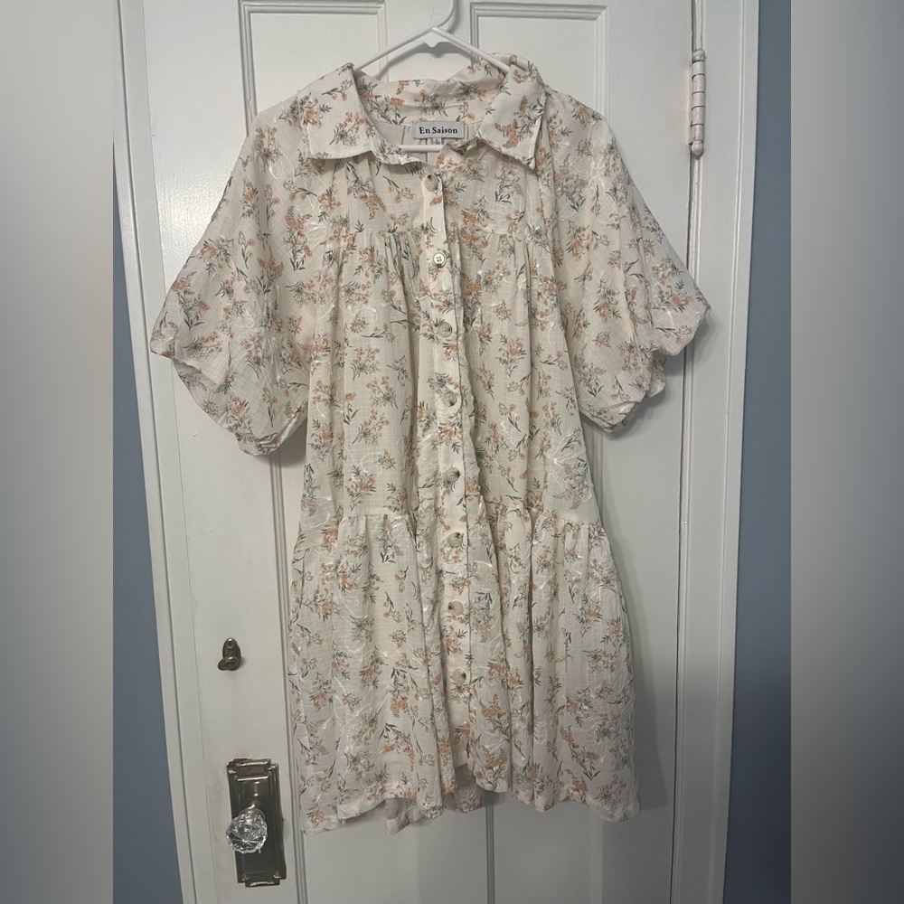 En Saison Haley Balloon Sleeve Cream Orange Floral Mini Summer Fairy Dress - Picture 3 of 8